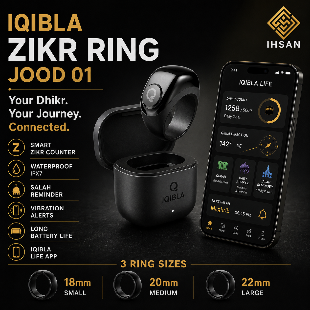 Iqibla Zikr Ring Jood Adjustable Size Tasbih Tracker With App Statistics - Smart Zikr Ring - Adjustable Zikr Ring - Salah reminder, Tasbeeh Reminder, Long battery life, Step counter, Calories tracker - New Muslim Gifts